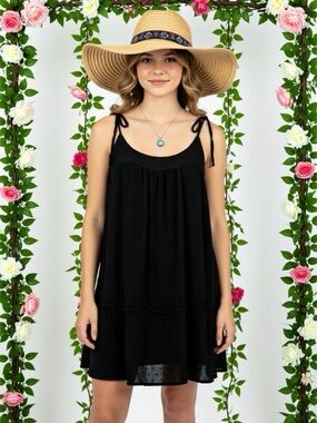 Forever 21 Black Tie-Shoulder Casual Sundress with Ruffle Trim